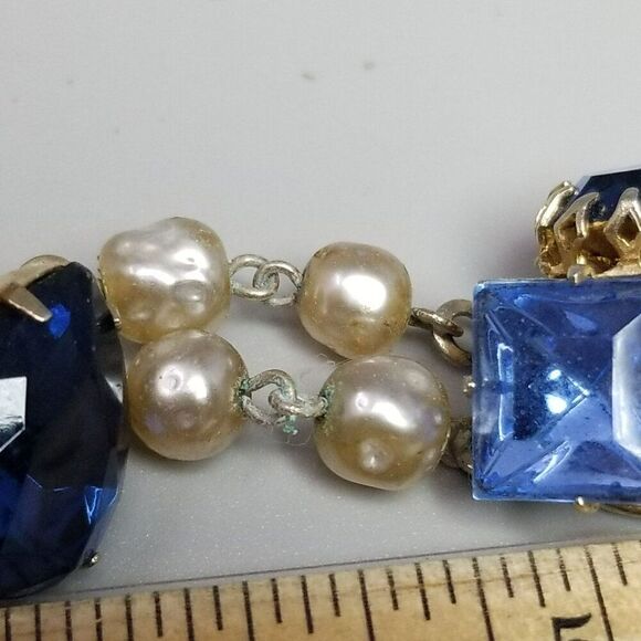 Vintage Blue Rhinestone Clusters and Faux Pearl Beaded Bracelet, Made in Germany - Picture 7 of 9